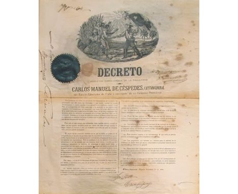 SLAVERY ABOLITION DECREE - CUBA: CESPEDES DEL CASTILLO CARLOS MANUEL (1819-1874) Cuban Revolutionary. Known as the ''Father o