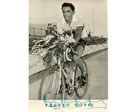 COPPI FAUSTO: (1919-1960) Italian Cyclist, Winner of the Tour de France 1949 &amp; 1952. Vintage signed 4 x 6 postcard photog