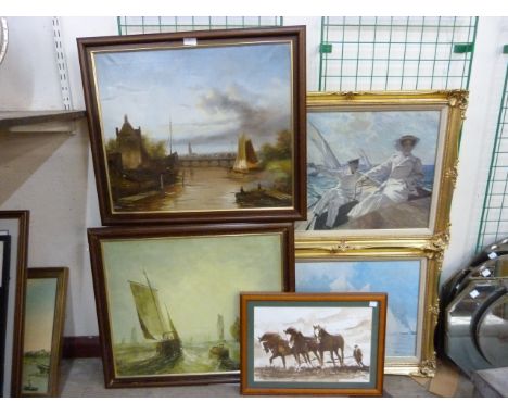 River landscape ,oil on canvas, seascape, oil on canvas, two oleographs and a watercolour 