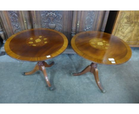 A pair of Regency style inlaid mahogany circular lamp tables 