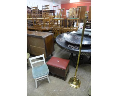 An oak stool, a brass standard lamp and a child's chair 
