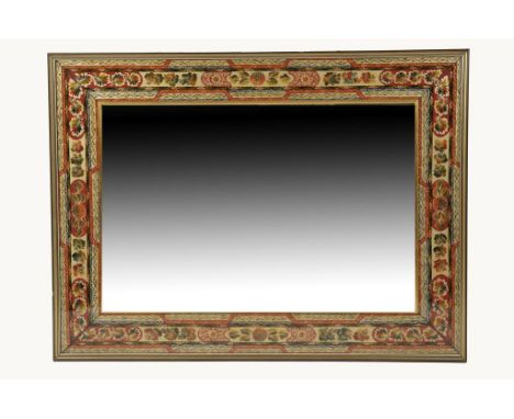 A CONTEMPORARY WALL MIRROR, the rectangular bevelled plate within a Chinese style decorated surround, 35" x 47"
