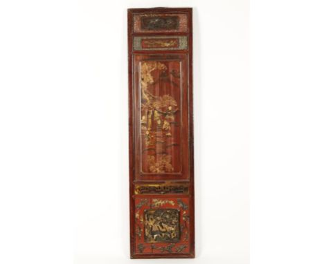 A CHINESE LACQUERED PANEL with pierced hanging bracket above five panels with gilt decoration, the largest central panel deco