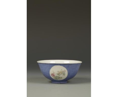 A CHINESE FAMILLE ROSE GRAVIATA-GROUND MEDALLION BOWL, showing three roundels with butterflies and flowers on a light blue gr