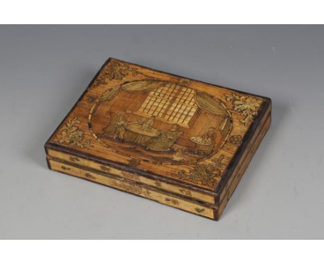 A CONTINENTAL STRAW WORK BOX, the lid decorated with a scene of ladies and gentleman playing cards whilst a servant pours tea
