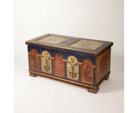 A NORWEGIAN OR DANISH PAINTED CHEST, the rectangular two panelled top above an arcaded front with five panels, the central pa