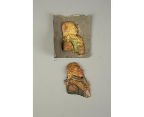 A WAX PROFILE PORTRAIT of an 18th century gentleman in military uniform, 2.75" high and another similar, 3" high