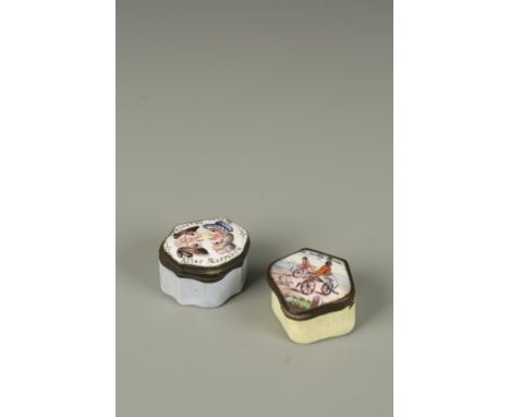 A STAFFORDSHIRE TYPE ENAMEL PATCHBOX, the lid decorated with a scene "After Marriage - Before Marriage", 1.5" wide, and a sim