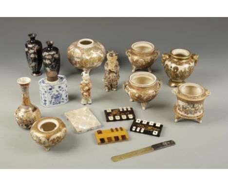 A COLLECTION OF JAPANESE SATSUMA and other items, including seven Satsuma vessels, two figures, a Chinese blue and white tea 