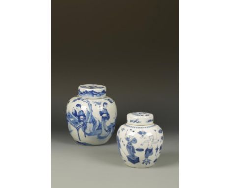 TWO CHINESE BLUE AND WHITE COVERED JARS, Qing, 19th century, the larger example showing two mothers playing with boys on a ga
