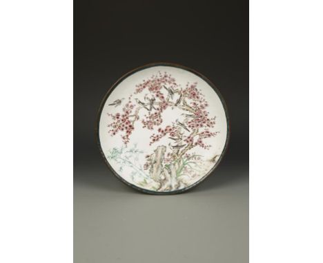 A CHINESE ENAMEL 'MAGPIE AND PRUNUS' DISH, the lively birds perched on branches of blossoming foliage, late Qing-Republic, 14