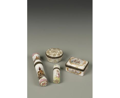 A CONTINENTAL STYLE ENAMEL PILL BOX, the oval top with interspaced decoration of animals and foliage, 2.5" wide, a similar re