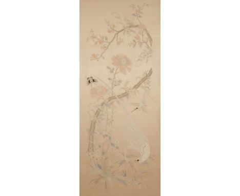 A LARGE CHINESE SILK-EMBROIDERED PANEL, decorated with birds and a butterfly among flowers, late Qing-Republic, 51" x 21.5"