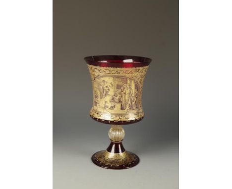 A LARGE VENETIAN GILT RUBY GLASS GOBLET, the bell-shaped bowl decorated on one side with The Beheading of St John the Baptist