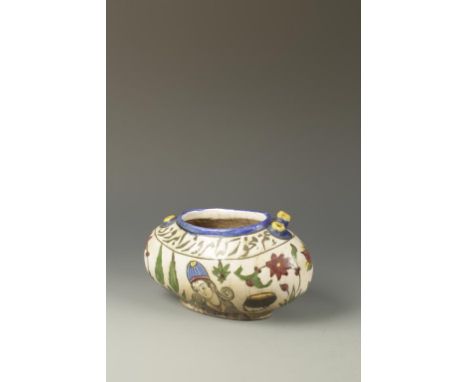 AN UNUSUAL ISLAMIC OVAL POTTERY VESSEL, probably Safavid or Qajar, the rounded body decorated with a calligraphy band above t