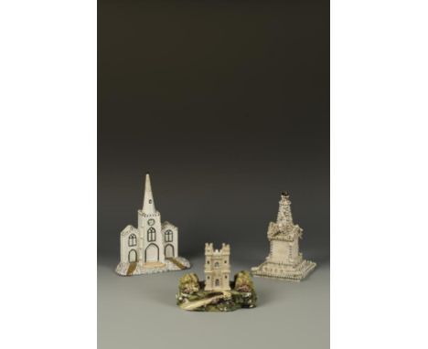 A PRATT TYPE MODEL OF A GOTHIC CHURCH FIGURE, 9.75" high, another of a boulder flanked keep and a model of an obelisk monumen