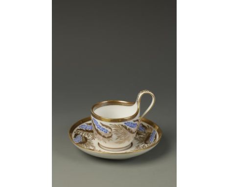 A RUSSIAN CUP AND SAUCER, with blue and gilt leaf decoration on white ground, blue and impressed marks, 19th century, and oth