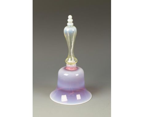 AN UNUSUAL VICTORIAN VASELINE RUBY AND YELLOW GLASS BELL, 13.5" high