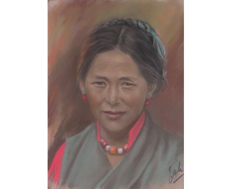 Chinese School,coloured pastels, portrait of a woman, indistinctly signed, 14" x 10.5", mounted.