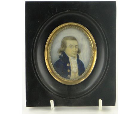 18/19th century miniature watercolour on ivory, portrait of a gentleman wearing a blue coat, unsigned, 2.25" x 1.75", framed.