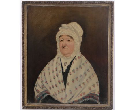 English School,19th century oil on canvas, portrait of a woman wearing a shawl, unsigned, 30" x 25", framed.