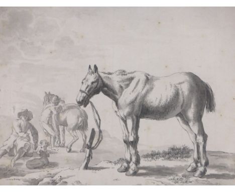 Old Master style ink and wash drawing, horse and figures, unsigned, 6.5" x 7.5", framed.