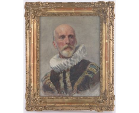 19th century watercolour, portrait of a gentleman wearing a ruff, indistinctly signed, 13.5" x 10", framed.