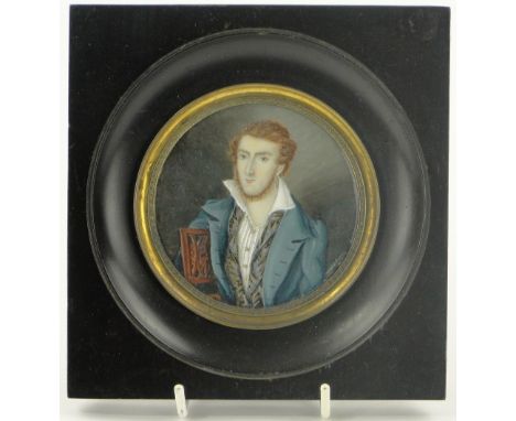 19th century miniature watercolour on ivory, portrait of a young man, unsigned, 3" across, framed.