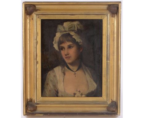 19th century oil on canvas, portrait of a girl wearing a bonnet, unsigned, 12" x 9", framed.
