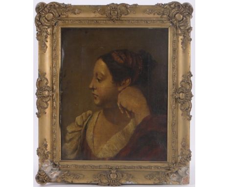 19th century Continental School,oil on canvas, portrait of a young woman, unsigned, 15" x 12", framed.