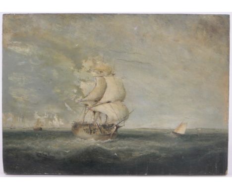 R StokleOil on board, a man o' war & shipping off the coast, signed, 10" x 14" unframed