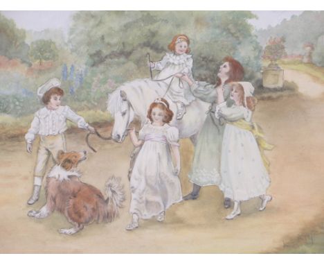 Early 20th century watercolour, children playing with a horse, indistinctly signed, 8" x 11", framed.