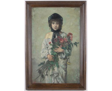 Oil on canvas, portrait of a girl with flowers, indistinctly signed, 33" x 21", framed.