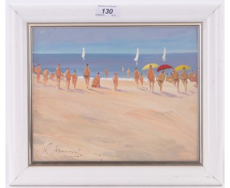 R Monsarrat,oil on canvas, beach scene, signed, 8" x 10", framed.