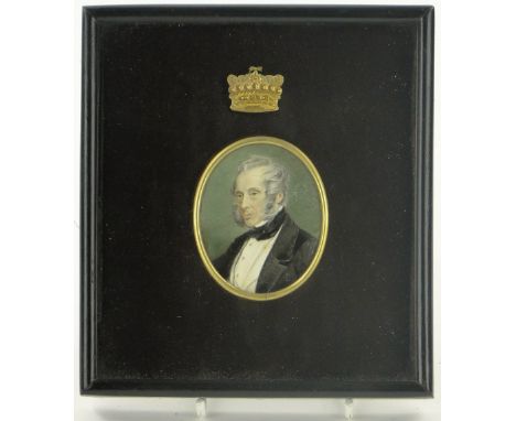 19th century miniature watercolour on ivory, portrait of a gentleman, unsigned, coronet mounted frame, 2.25" x 1.75".