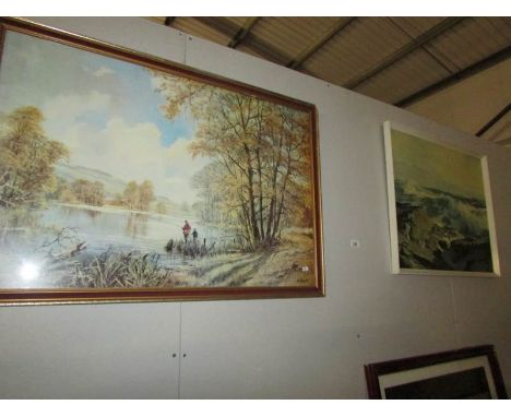A framed and glazed fishing print and a seascape after Frederic Waugh