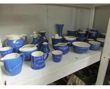 A shelf of blue motto ware pottery