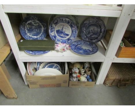 A shelf and 2 boxes of china including blue and white plates, vases etc