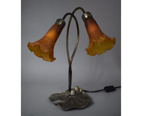 A Modern Two Branch Table Lamp in the Form of Water Lillies with Coloured Glass Trumpet Shades, 40cms High 