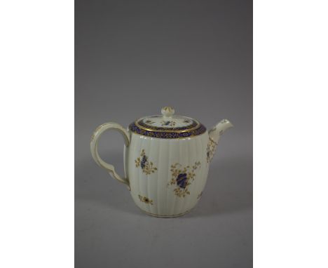 A Caughley "Dresden Flowers" Teapot Circa 1790, with Blue S Mark, Fluted Barrel Form 