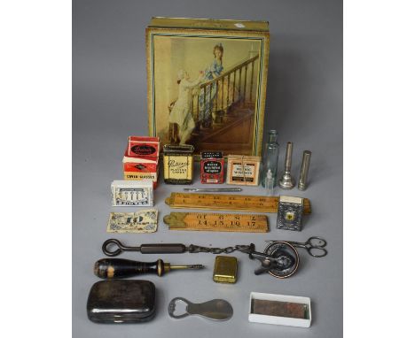A Collection of Curios to Include Two Vintage Folding Rulers, Specimen Wood from the SS Great Britain, Match Holder, Various 