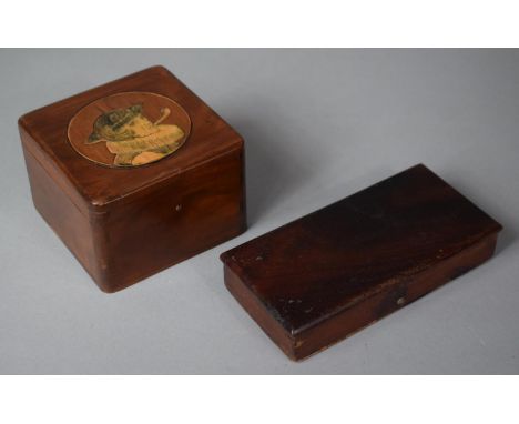 A Continental Cube Shaped Tobacco Box with Hinged Lid having Inlaid Marquetry Top Depicting Gent Smoking Pipe and to the Inne