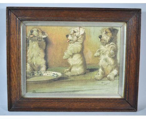 A Vintage Oak Framed Cecil Aldin Print of Three Puppies, 26cms Wide 