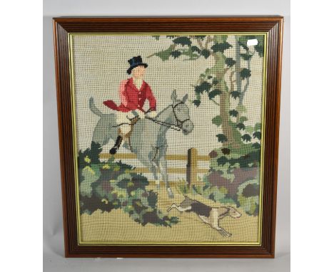 A Framed Tapestry Depicting Huntsman Depicting Clearing Gate on Grey Horse with Hound, 53cms Wide 