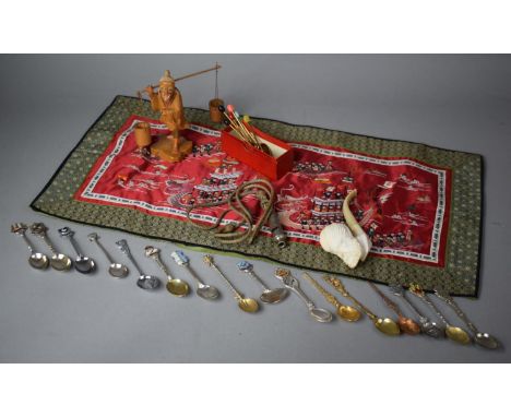 A Collection of Curios to Include Meerschaum Pipe, Carved Wooden Chinese Study of Farmer with Buckets, Vintage Bean Spoons, S