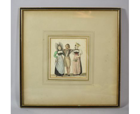 A Framed Watercolour Depicting Gent Smoking Pipe with Maidens Either Side by Gotlieb Emanuel Wisard, 1810-1837, 13cms Square 