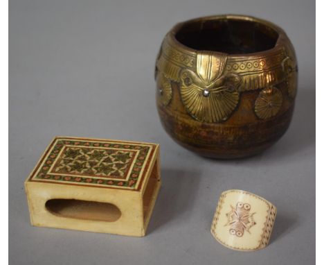 A 19th Century Spanish Colonial Bombilla, An Indian Micromosaic Matchbox Holder and a Carved Bone Scarf Clip 