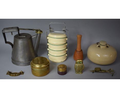 A Collection of Items to include Metal Pressure Kettle, Brass Lidded Container, Brass and Leather Mounted Travel Inkwell, Owl