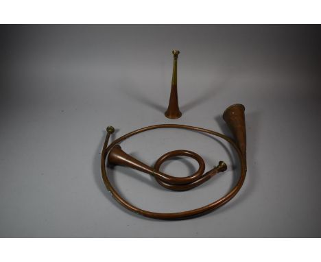 Two Copper French Hunting Horns and a English Hunting Horn 