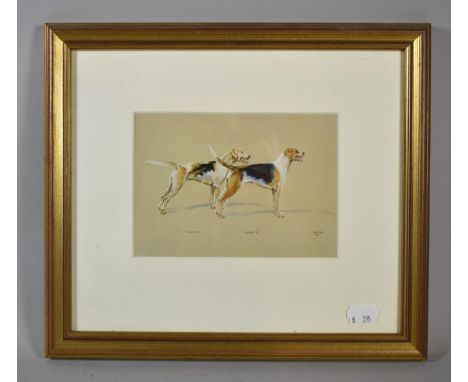 A Framed Print of Two Fox Hounds, 16cms Wide 